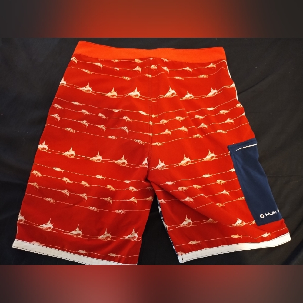Huk Red White And Blue Swim Shorts Fishing Tie and Velcro Closure Size 34 - Picture 2 of 6